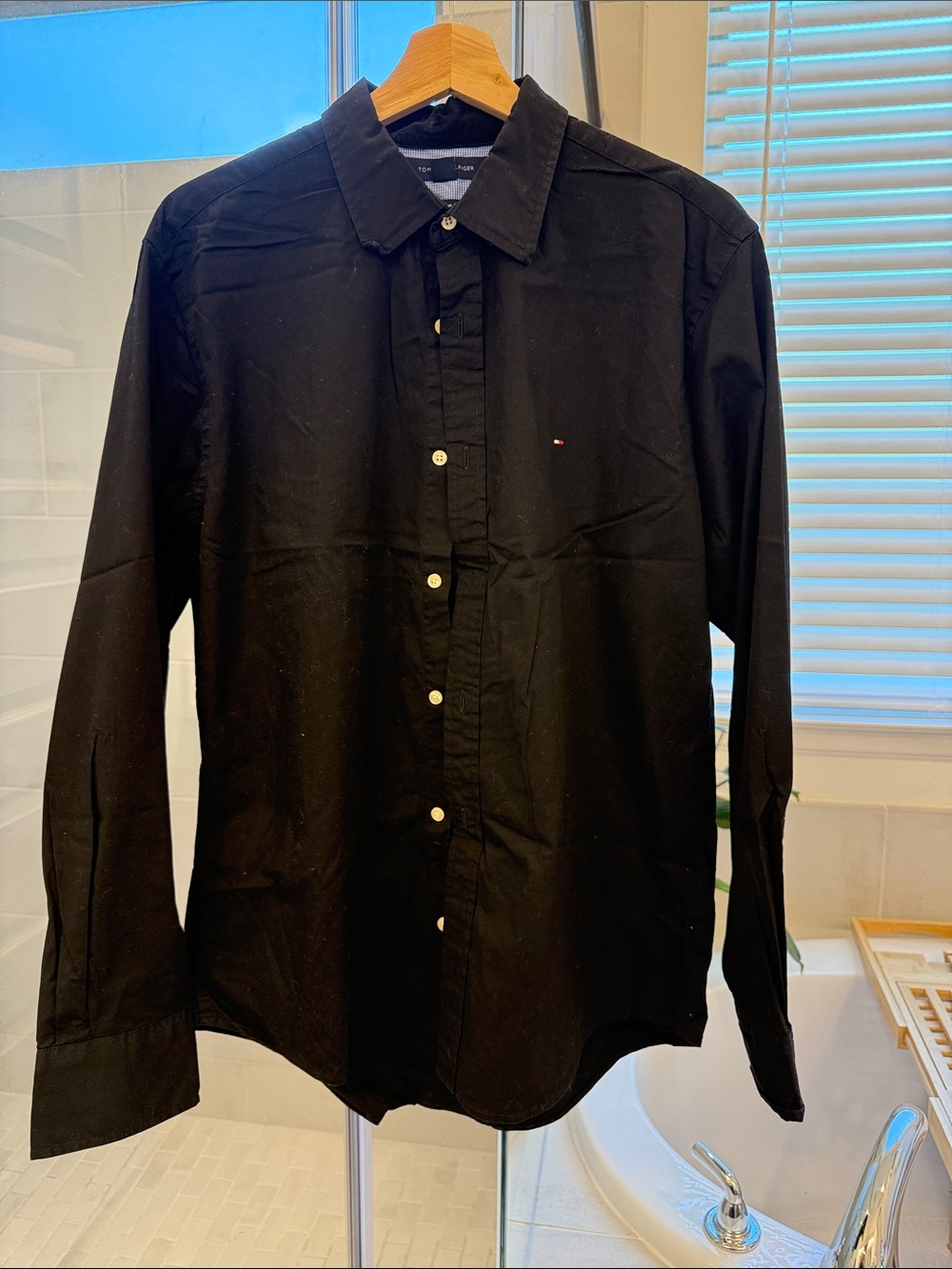 Tommy Hilfiger Black Long-Sleeve Button-Down Shirt with Subtle Logo